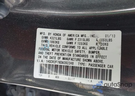 2013 Honda Accord Ex z USA, uszkodzony, nr VIN 1HGCR2F76DA092249